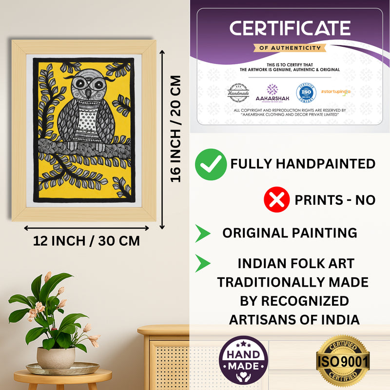 Framed artwork with dimensions, authenticity certificate and handmade iso certified-owl madhubani painting