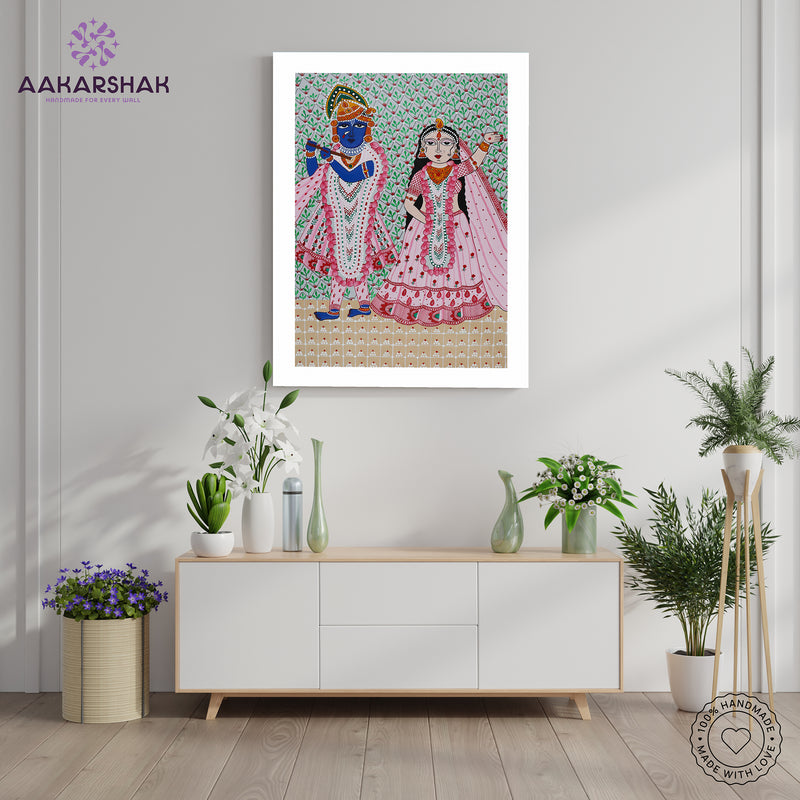 Handmade Pichwai Radha Krishna Painting Framed 17x24 Inch Wall Art