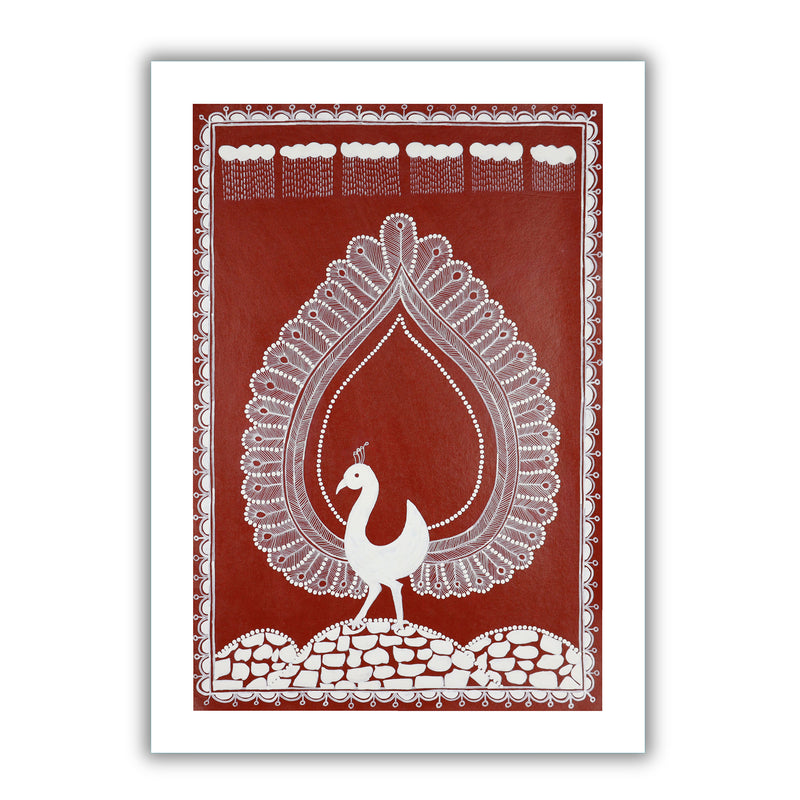 Handmade Warli Peacock Painting 17x24 Inch Framed Tribal Art