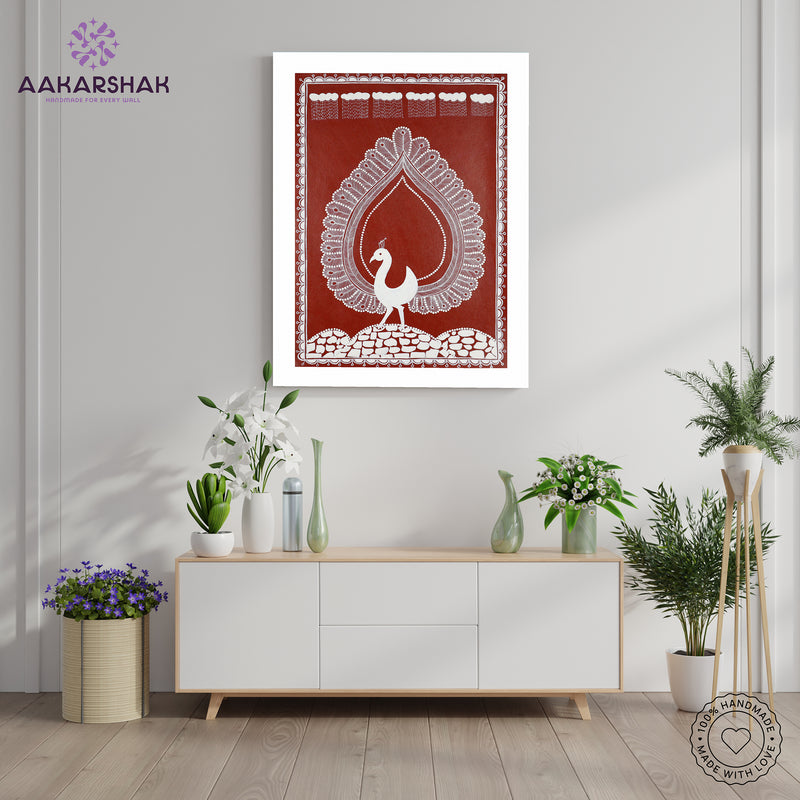 Handmade Warli Peacock Painting 17x24 Inch Framed Tribal Art