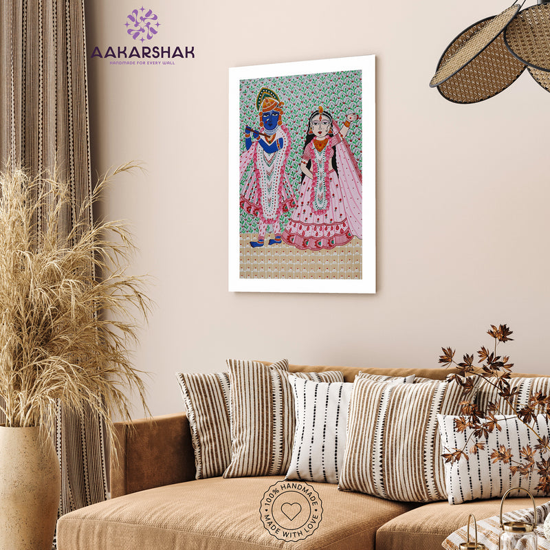 Handmade Pichwai Radha Krishna Painting Framed 17x24 Inch Wall Art