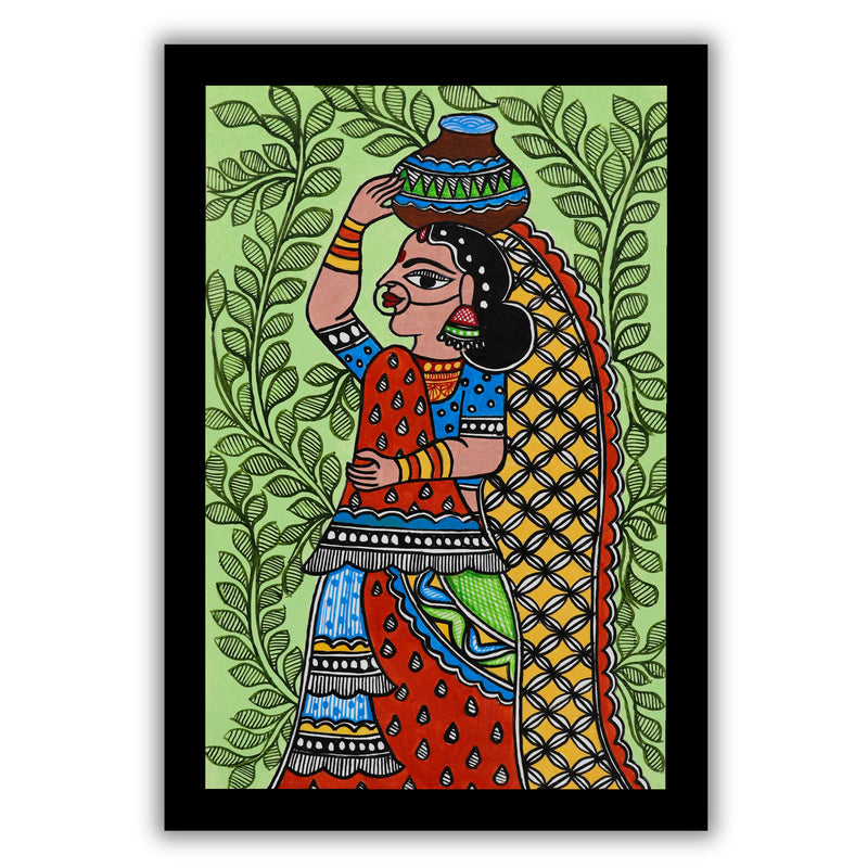 Handmade Madhubani Lady Painting 8x12 Inch Framed Indian Wall Decor