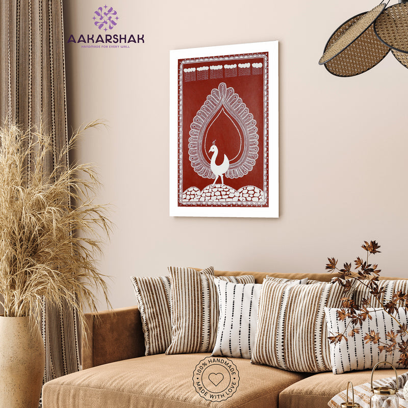 Handmade Warli Peacock Painting 17x24 Inch Framed Tribal Art