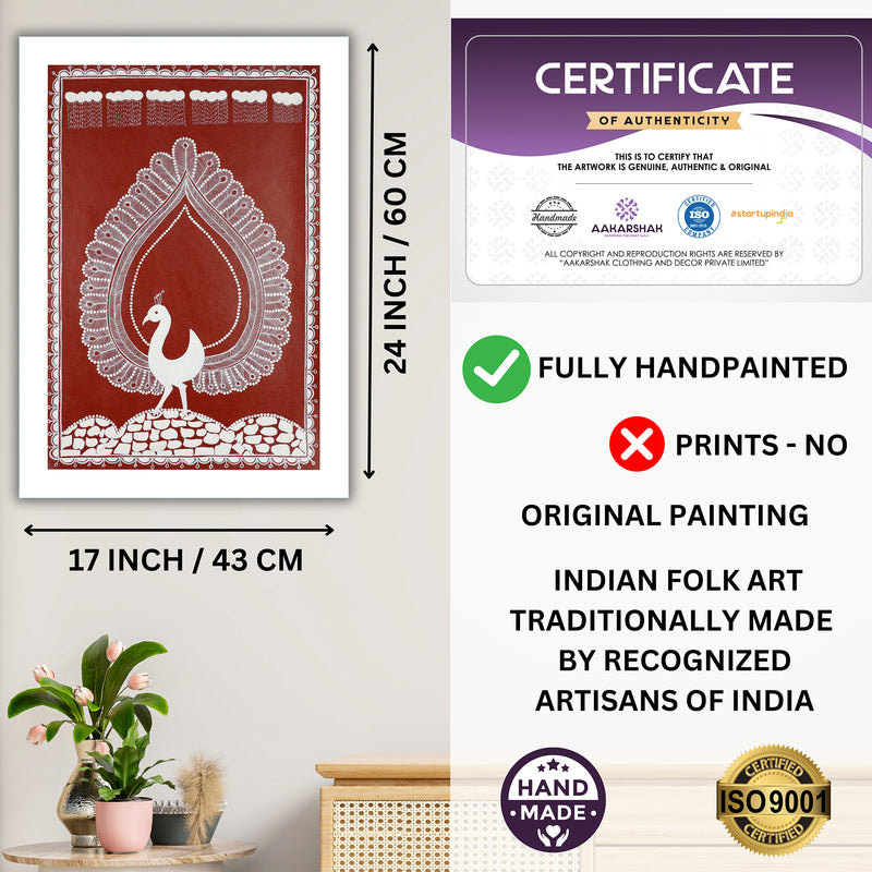 Handmade Warli Peacock Painting 17x24 Inch Framed Tribal Art