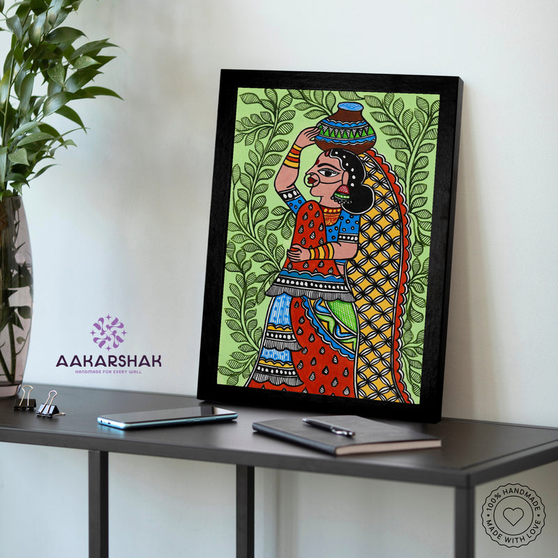 Handmade Madhubani Lady Painting 8x12 Inch Framed Indian Wall Decor