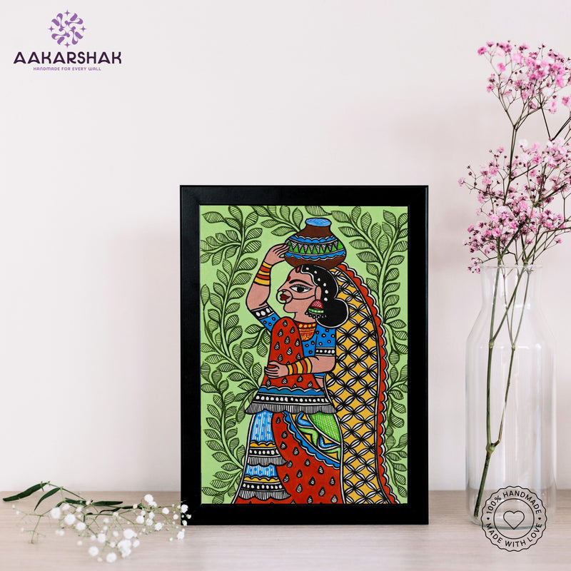 Handmade Madhubani Lady Painting 8x12 Inch Framed Indian Wall Decor