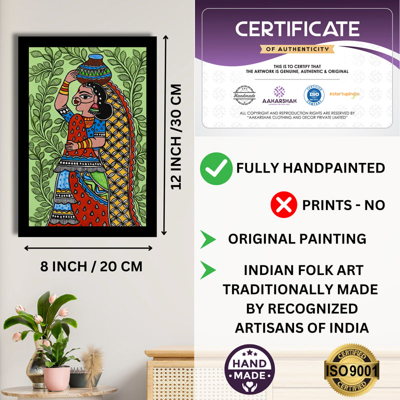 Handmade Madhubani Lady Painting 8x12 Inch Framed Indian Wall Decor