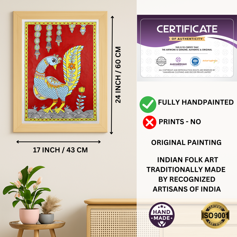 Handmade Kalamkari Peacock Painting 17x24Inch Wall Art