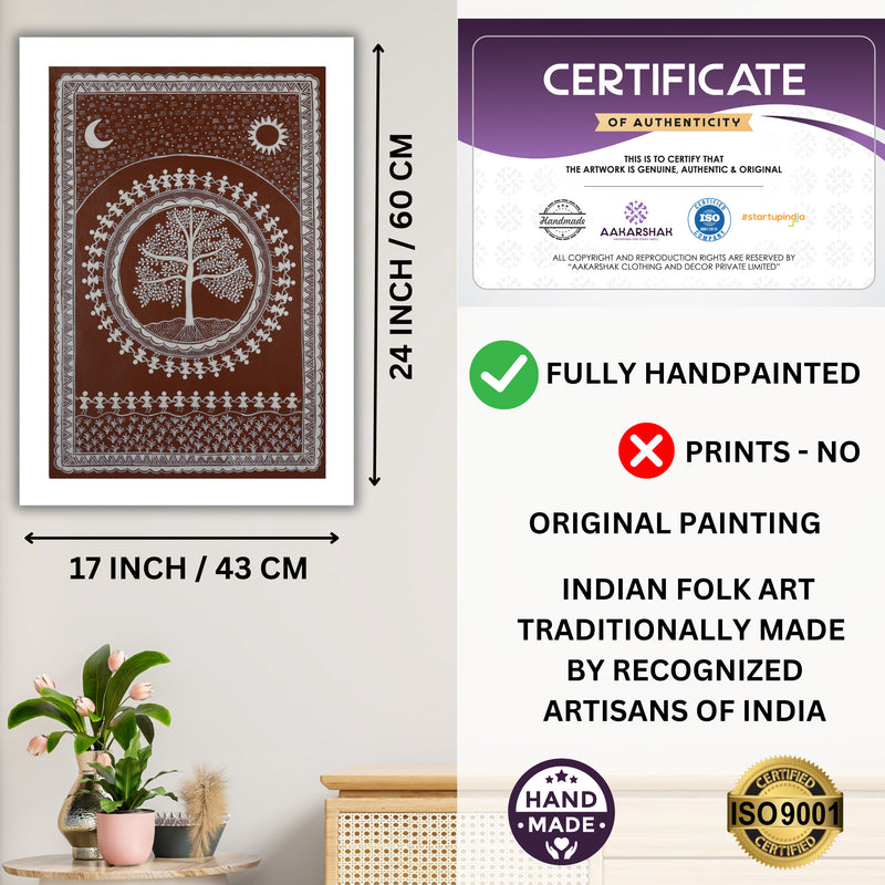 Handmade Warli Tree Painting 17x24 Inch Framed Tribal Art