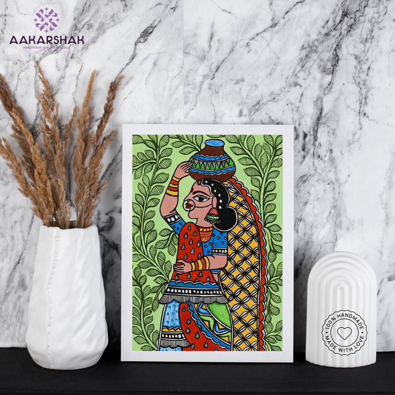 Handmade Madhubani Lady Painting 8x12 Inch Framed Indian Wall Decor