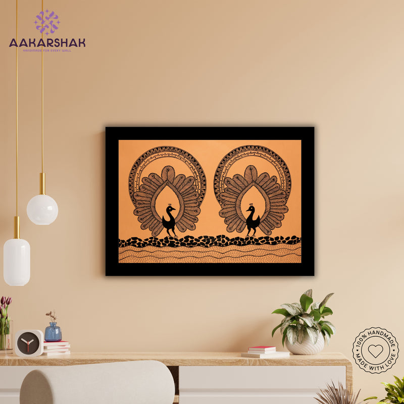 Handmade Warli Peacock Painting 17x24 Inch Framed Tribal Art