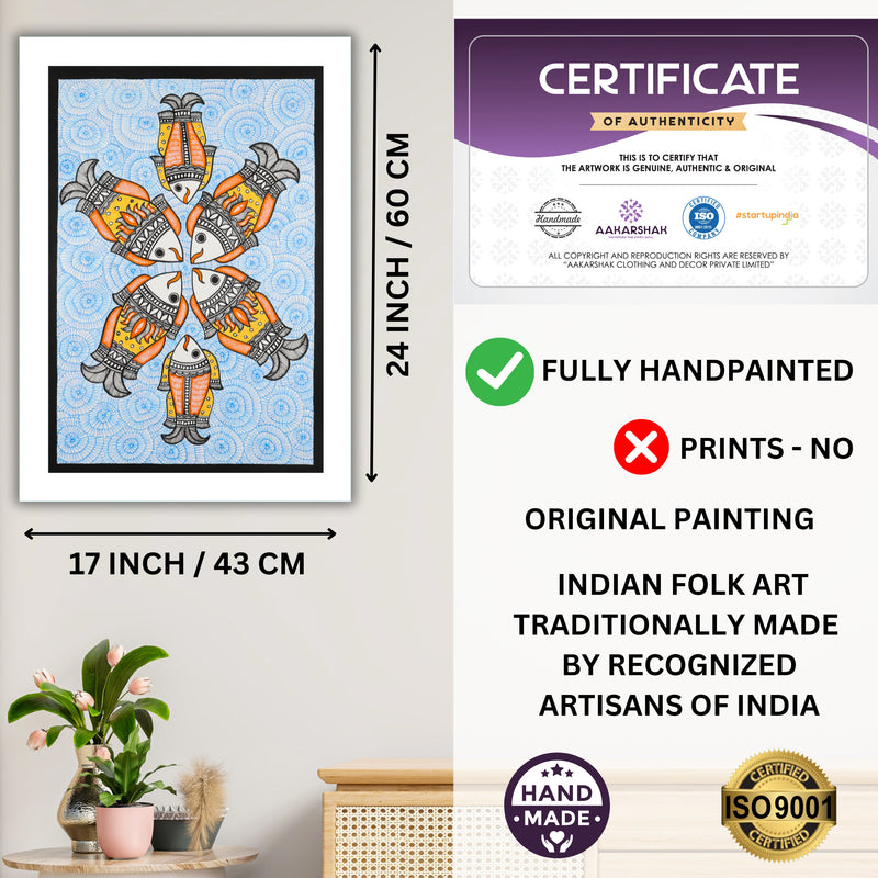 Handmade Madhubani art Fish Painting Framed Indian Wall Decor 17x24 Inch