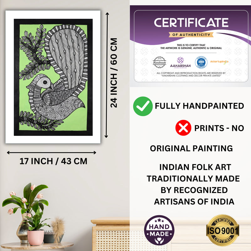 Handmade Madhubani art Peacock Painting Framed Indian Wall Decor 17x24 Inch