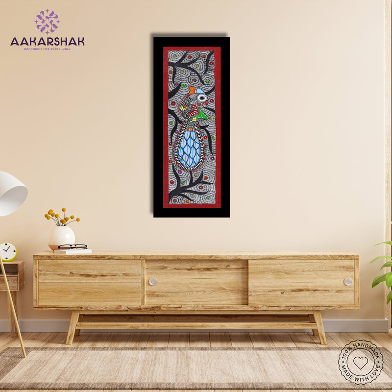 Framed artwork of a colorful peacock-with handmade madhubani painting