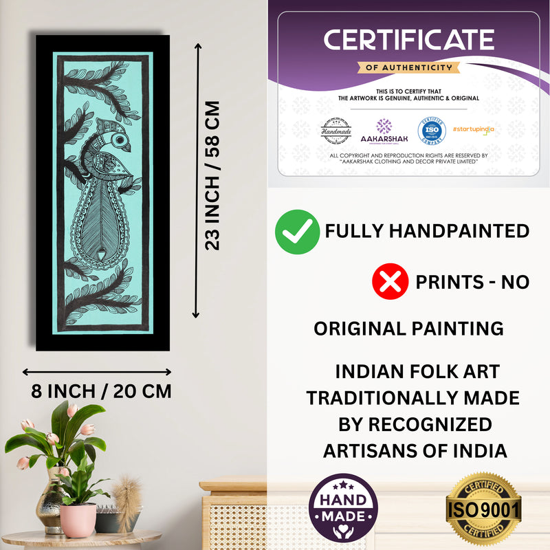 Framed artwork with dimensions, authenticity certificate and handmade iso certified-peacock madhubani painting