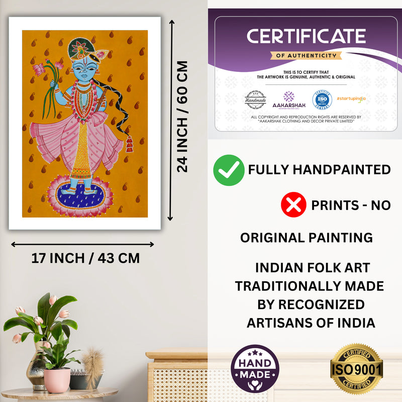 Handmade Pichwai Krishna Painting Framed 17x24 Inch Wall Art