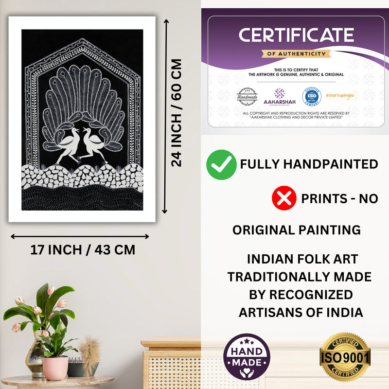 Handmade Warli Peacock Painting 17x24 Inch Framed Tribal Art
