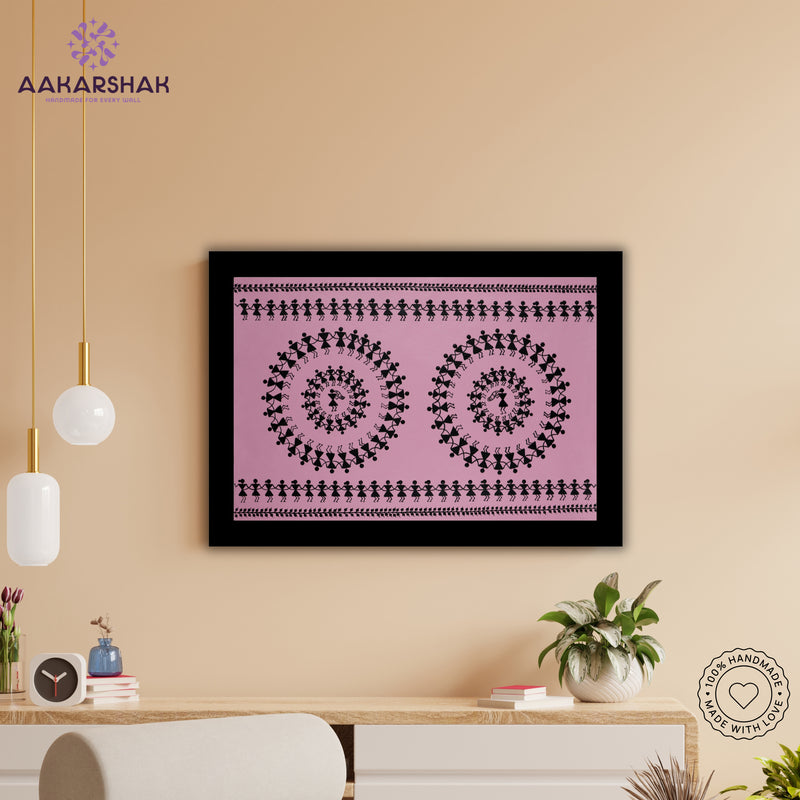 Handmade Warli Dancing Painting 17x24 Inch Framed Tribal Art