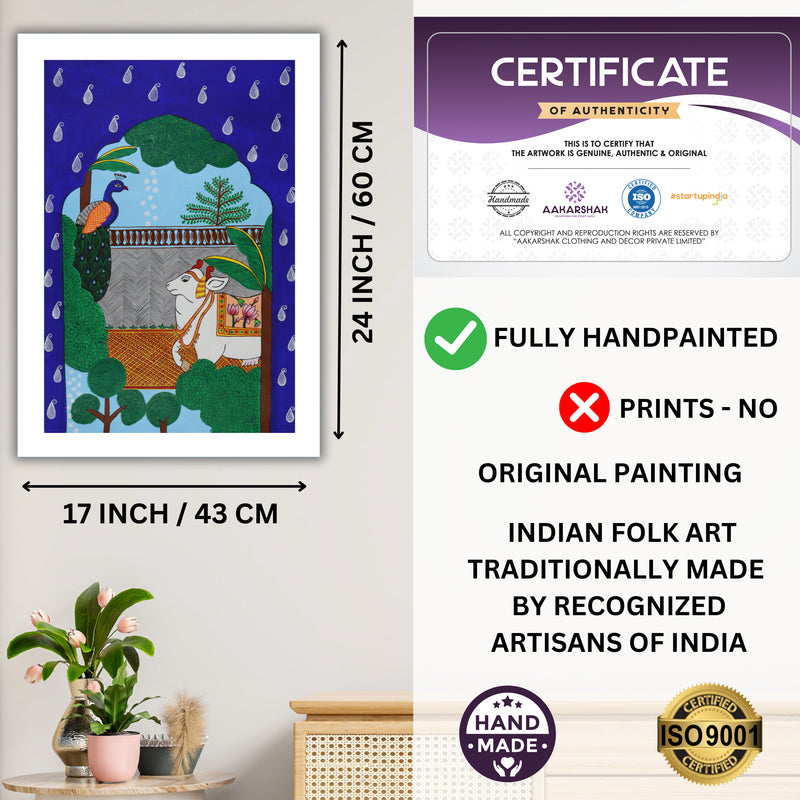 Handmade Pichwai Cow Peacock Jharokha Painting Framed 17x24 Inch Wall Art