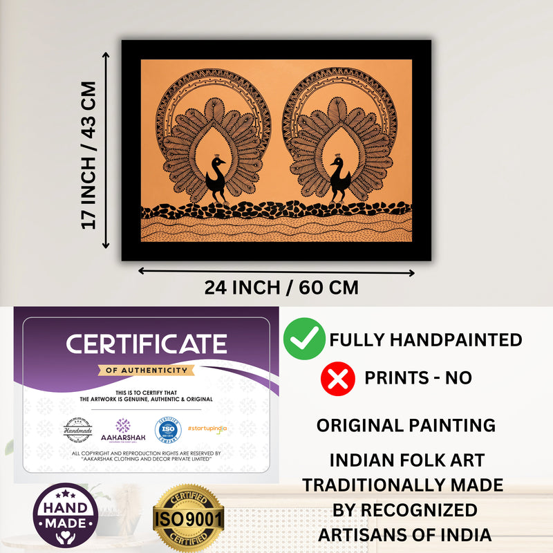 Handmade Warli Peacock Painting 17x24 Inch Framed Tribal Art