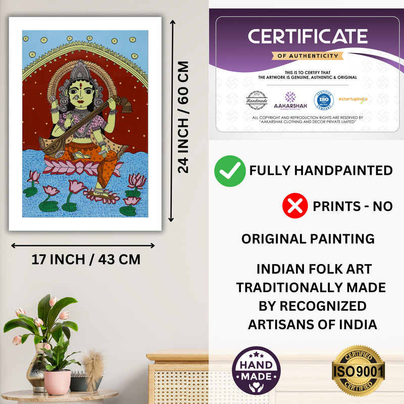 Handmade Kalamkari Saraswati Painting 17x24 Inch Wall Art