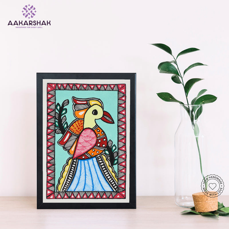 Handmade Madhubani Peacock Painting 6x8 Inch Framed Indian Wall Decor