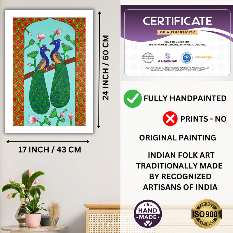 Handmade Pichwai Peacock Painting Framed 17x24 Inch Wall Art