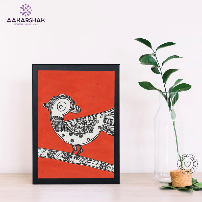 Handmade Madhubani Peacock Painting 6x8 Inch Framed Indian Wall Decor