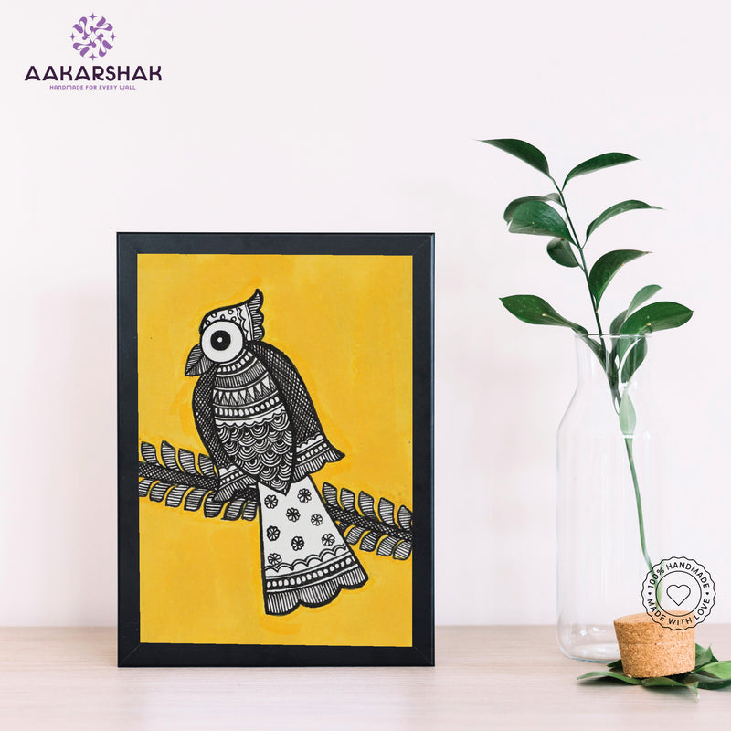 Handmade Madhubani Peacock Painting 6x8 Inch Framed Indian Wall Decor