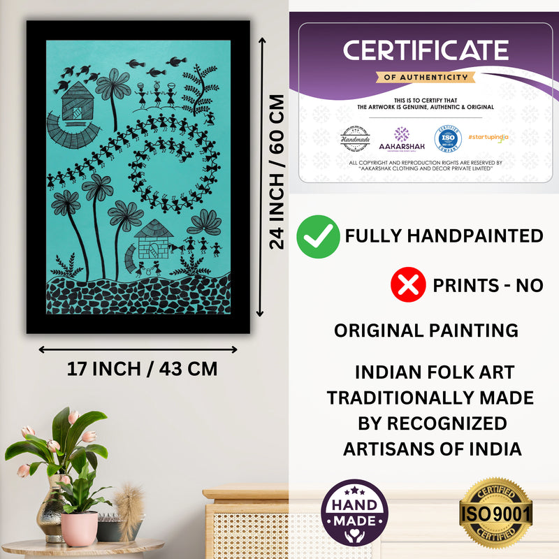 Handmade Warli Village Painting 17x24 Inch Framed Tribal Art
