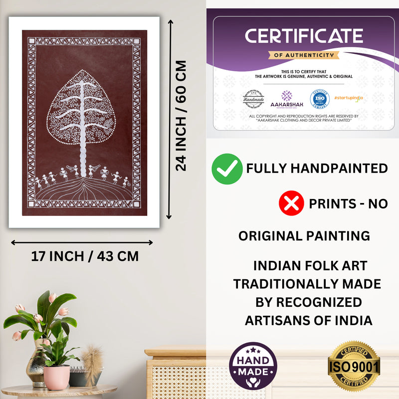 Handmade Warli Tree Painting 17x24 Inch Framed Tribal Art
