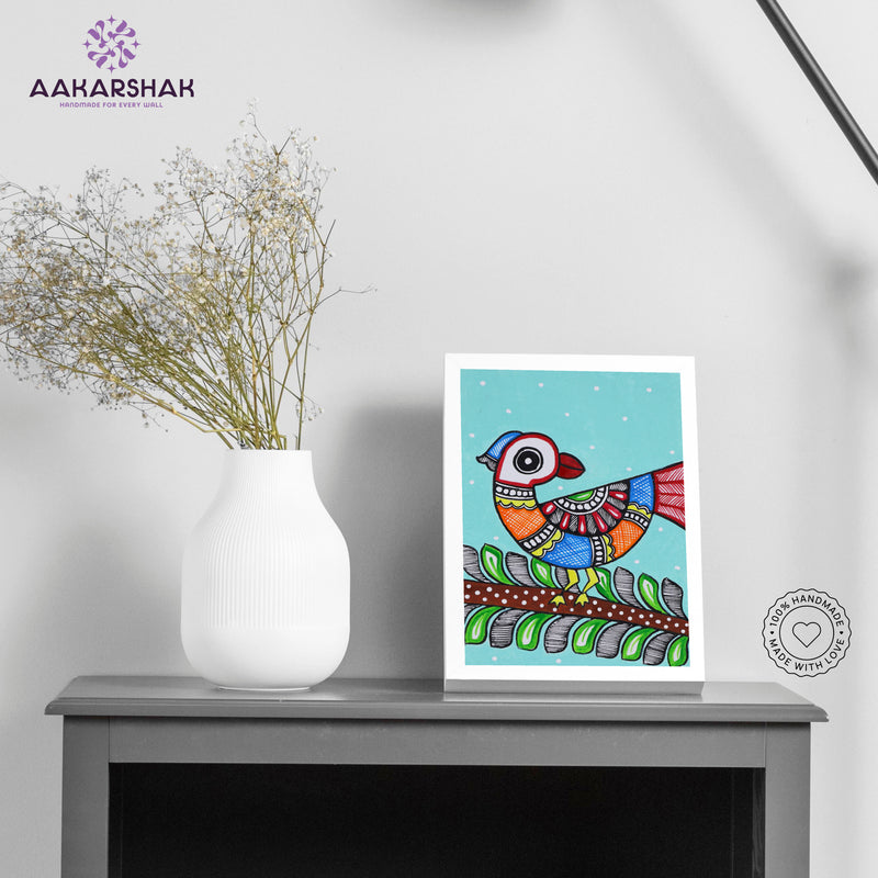 Handmade Madhubani peacock painting-with tabletop stand for home decor
