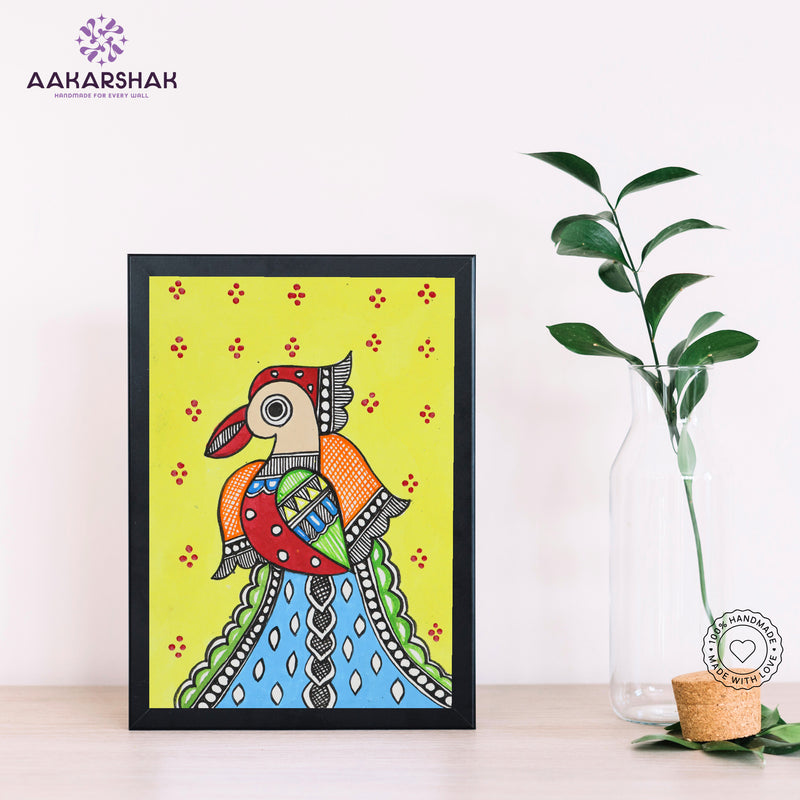 Handmade Madhubani Peacock Painting 6x8 Inch Framed Indian Wall Decor