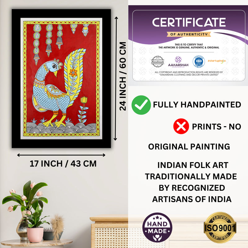 Handmade Kalamkari Peacock Painting 17x24Inch Wall Art