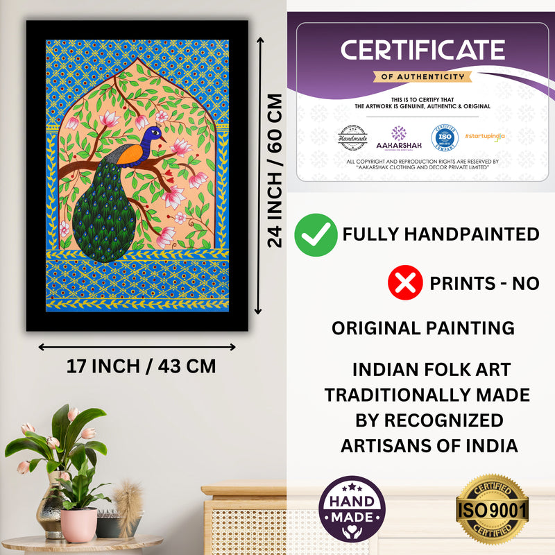 Handmade Pichwai Peacock Painting Framed 17x24 Inch Wall Art