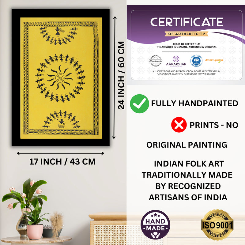 Handmade Warli Dancing Painting 17x24 Inch Framed Tribal Art