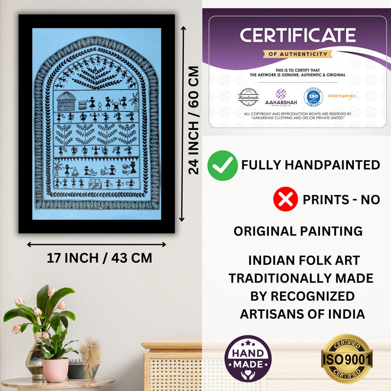 Handmade Warli Village Painting 17x24 Inch Framed Tribal Art