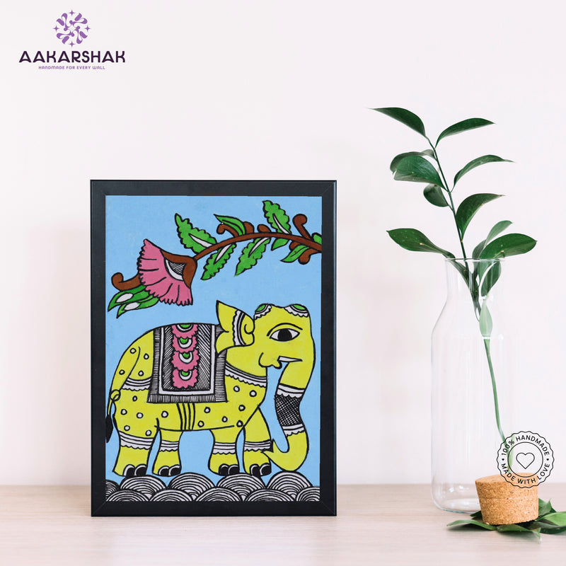 Handmade Kalamkari Elephant Painting – Framed 6x8 Inch Wall Art