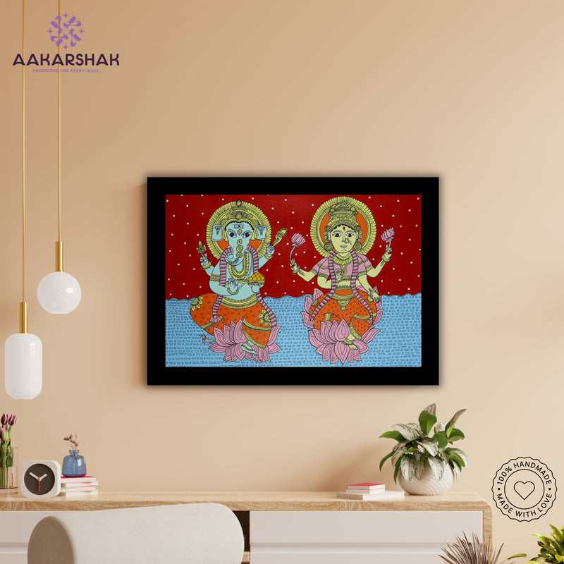 Handmade Kalamkari Ganesh and Laxmi Painting 17x24 Inch Wall Art