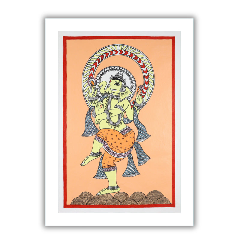 Handmade Kalamkari painting with Ganesh motif, framed for wall decor – traditional Indian folk art