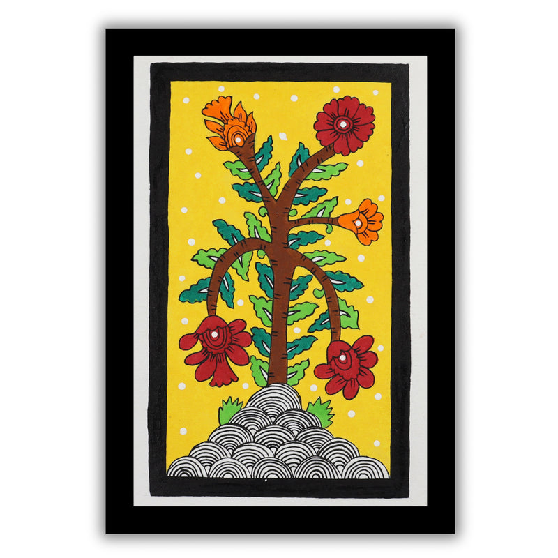 Handmade Kalamkari painting with Flower motif, framed for wall decor – traditional Indian folk art