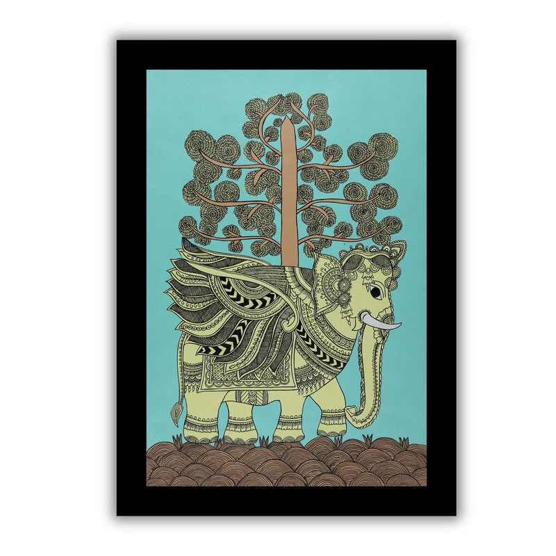 Handmade Kalamkari Elephant Painting Framed 17x24 Inch Wall Art