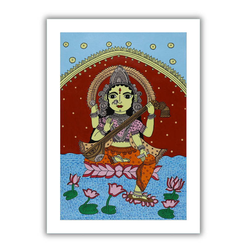 Handmade Kalamkari Saraswati Painting 17x24 Inch Wall Art