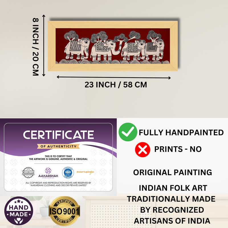 Framed artwork with dimensions, authenticity certificate and handmade iso certified-elephant kalamkari painting