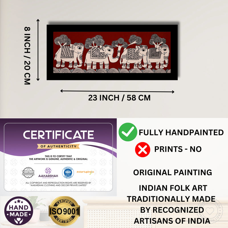 Framed artwork with dimensions, authenticity certificate and handmade iso certified-elephant kalamkari painting