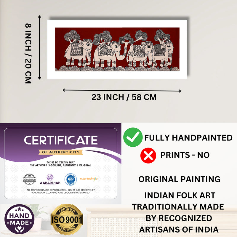 Framed artwork with dimensions, authenticity certificate and handmade iso certified-elephant kalamkari painting