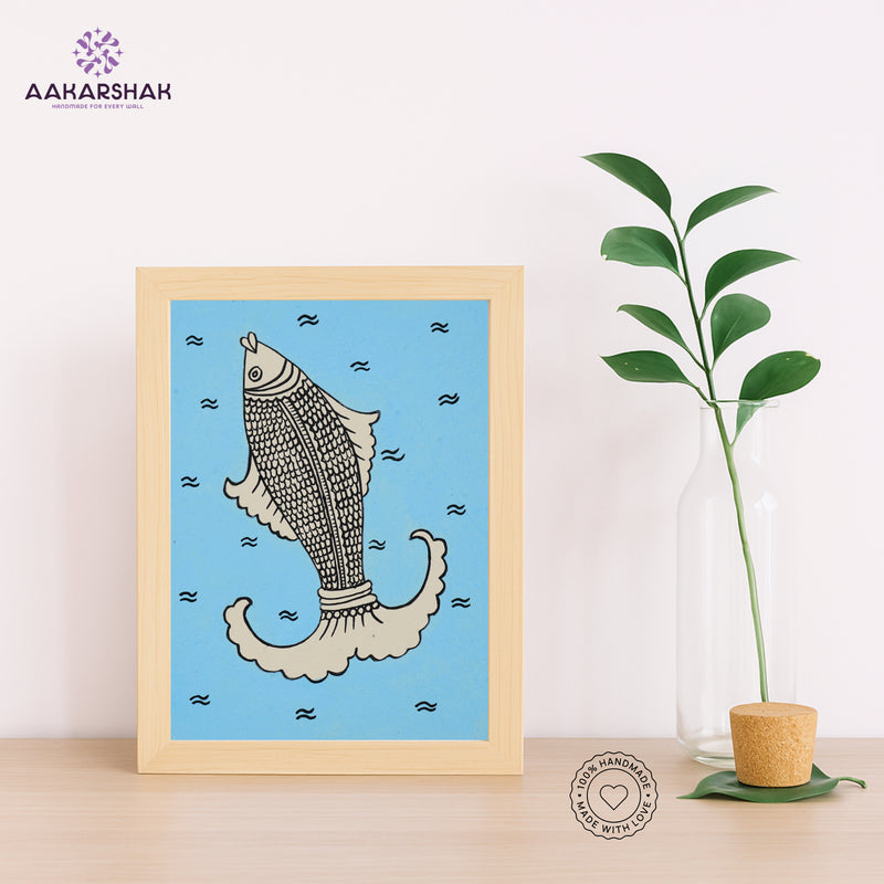 Handmade kalamkari fish painting-with tabletop stand for home decor