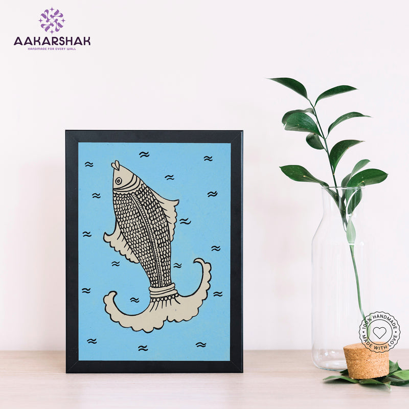 Handmade kalamkari fish painting-with tabletop stand for home decor