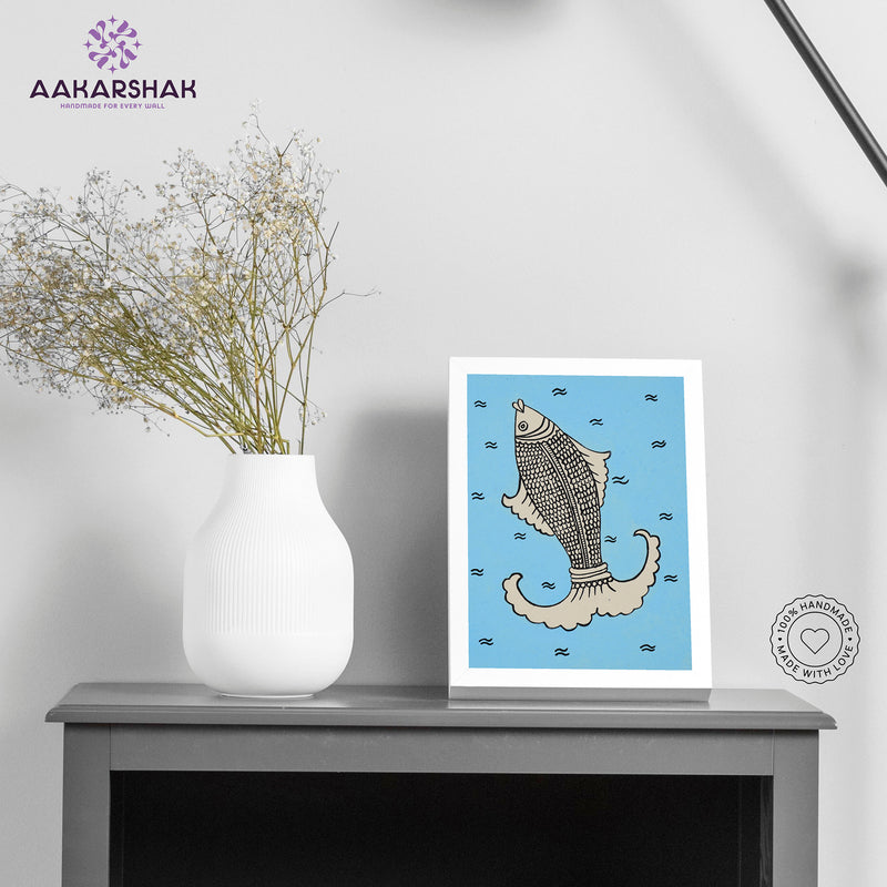 Handmade kalamkari fish painting-with tabletop stand for home decor
