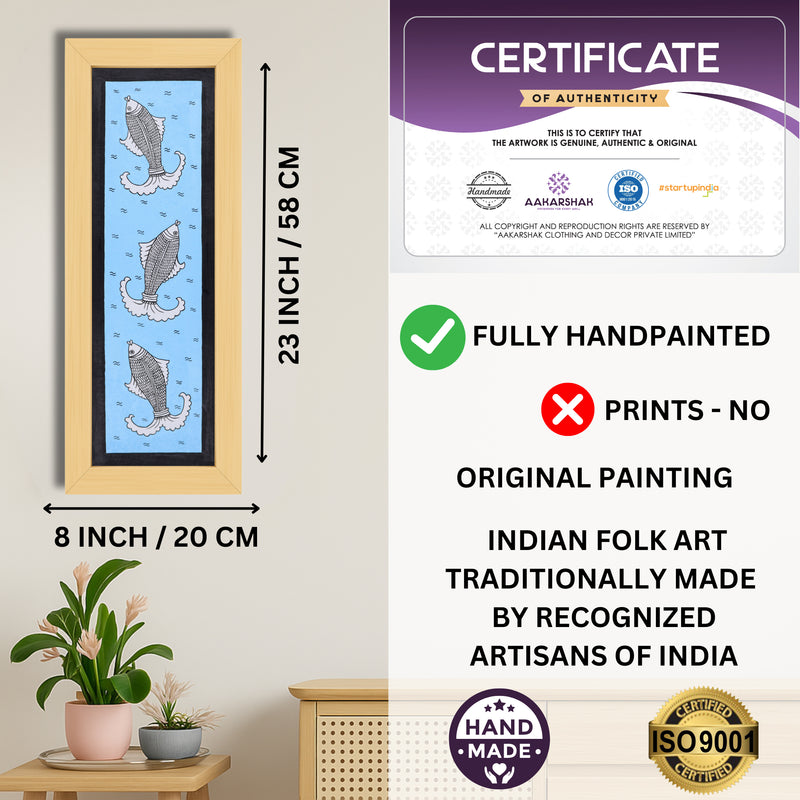 Framed artwork with dimensions, authenticity certificate and handmade iso certified-fish kalamkari painting